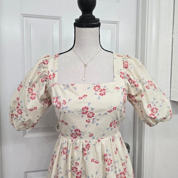 WAYF Floral Puff Sleeve Dress XS Open Back Tie Bow Cottagecore Romantic prairie - Picture 3 of 8